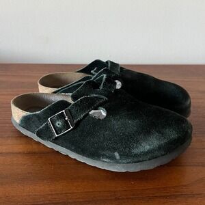 Birkenstock Boston Suede Clog Sandals Black Leather Footbed Women's 6